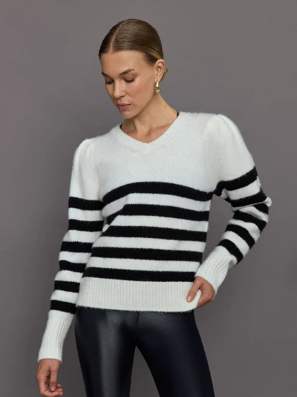 Striped Puff Sleeve Sweater - Cream/ Black Earthy Women's Hemp - based