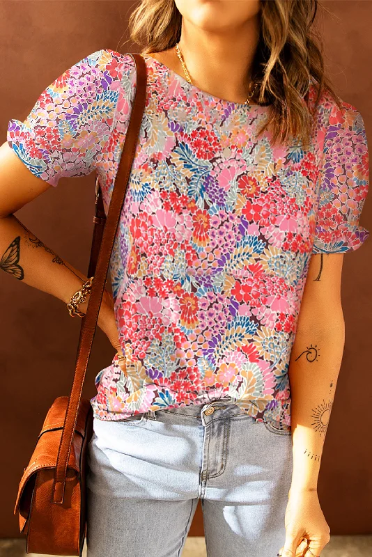 Floral Short Flounce Sleeve Blouse Relaxed Women's 