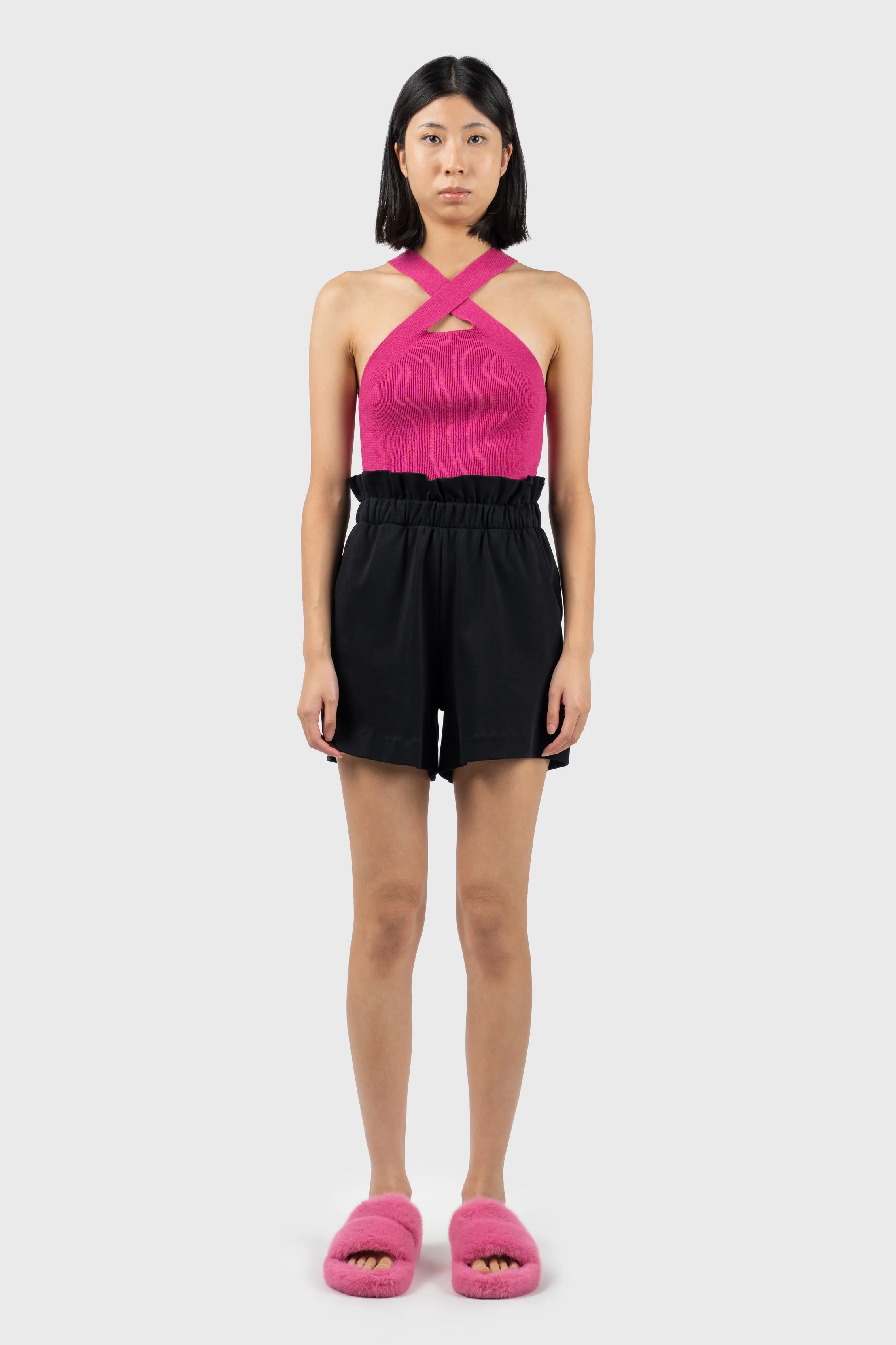 Cross Over Halterneck Knit Top Streetwear Style for 