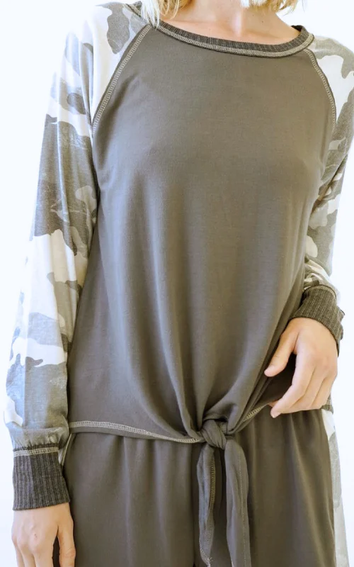 Tie Front Camo Sleeves Pullover Sleek Women's Metallic