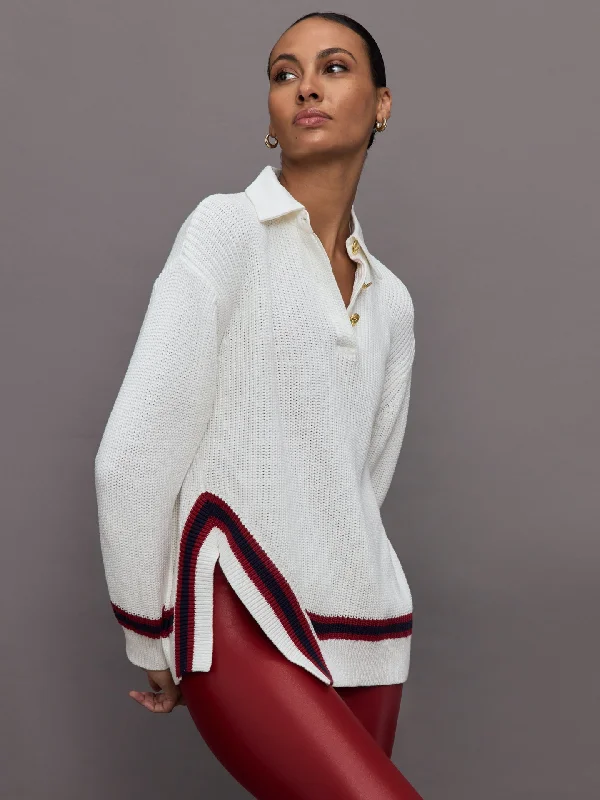 Mixed Media Rugby Collared Sweater - Ivory Classic Women's Pin - striped