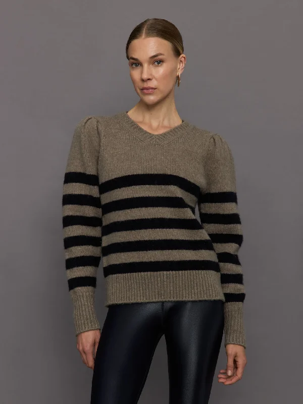 Striped Puff Sleeve Sweater - Stone/ Black Dynamic Women's High - energy