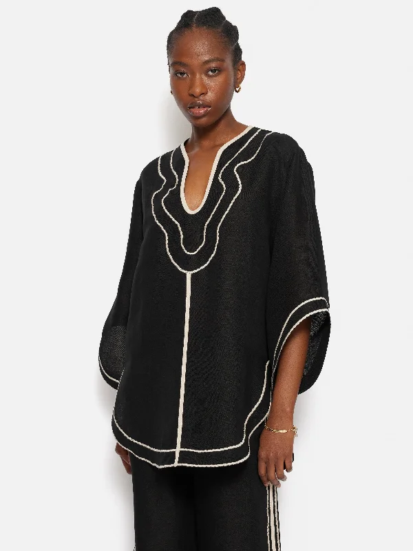 Linen Blend Embroidery Tunic | Black Practical Women's Quick - dry