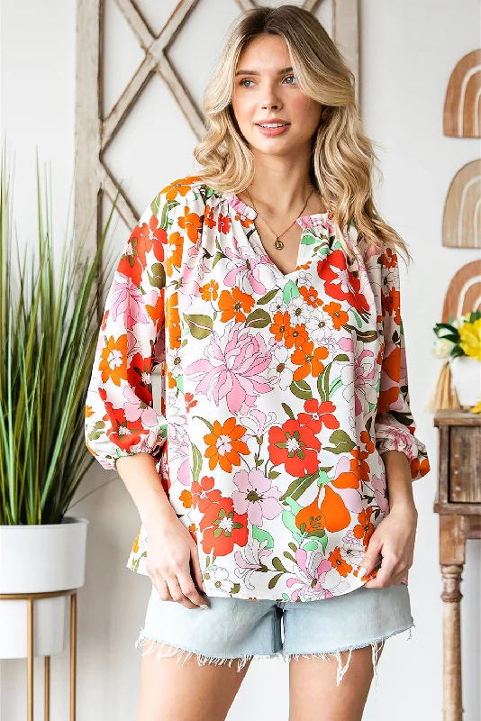 Floral Notched Neck Balloon Sleeve Blouse Compression