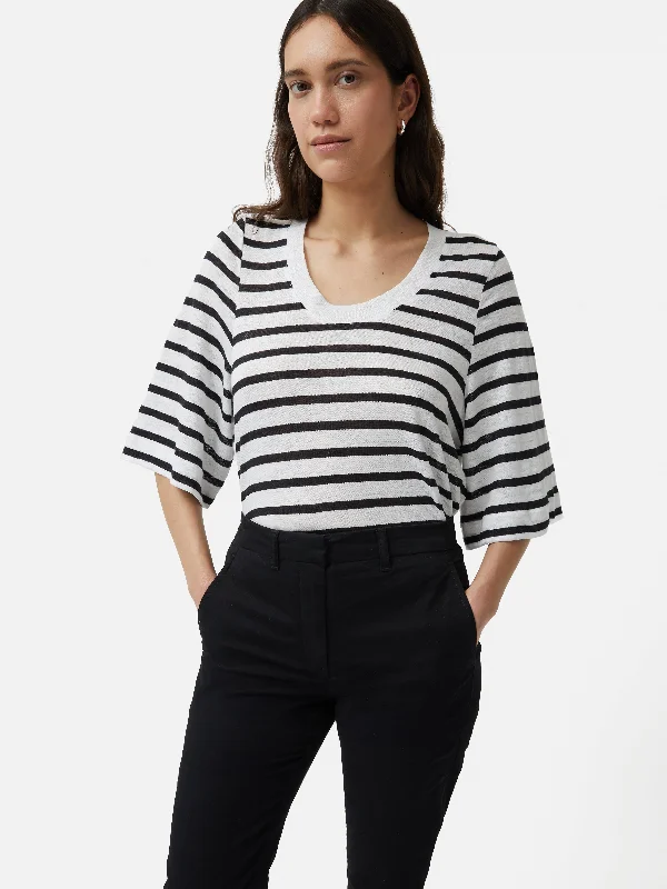 Linen Stripe Short Sleeve Tee | Navy Trendy Women's Oversized