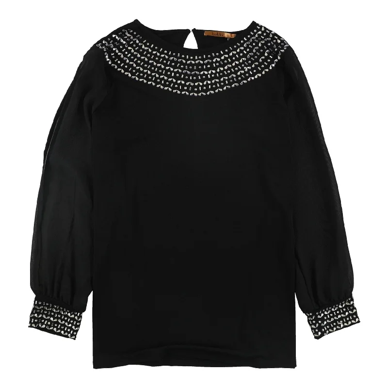 Belldini Womens Sheer sleeves Pullover Blouse, Black, 1X Business