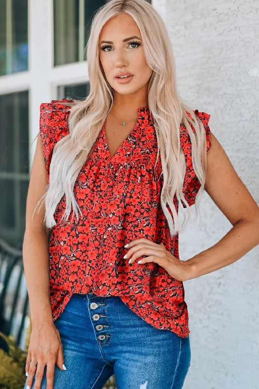 Floral Flutter Sleeve Notched Neck Blouse Modern Women's 