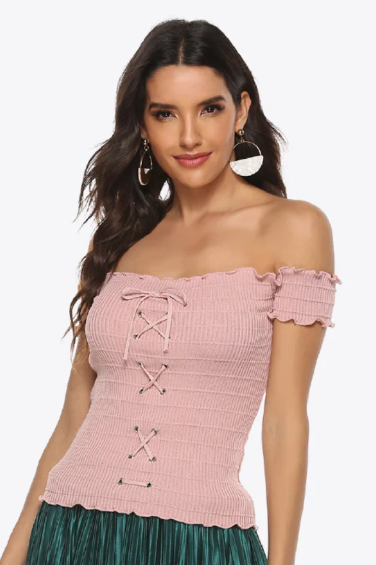 Lace-Up Front Lettuce Hem Off-Shoulder Knit Top Vintage Women's 1970S 