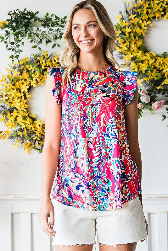 Abstract Print Ruffle Shoulder Top Sporty Women's Athleisure 