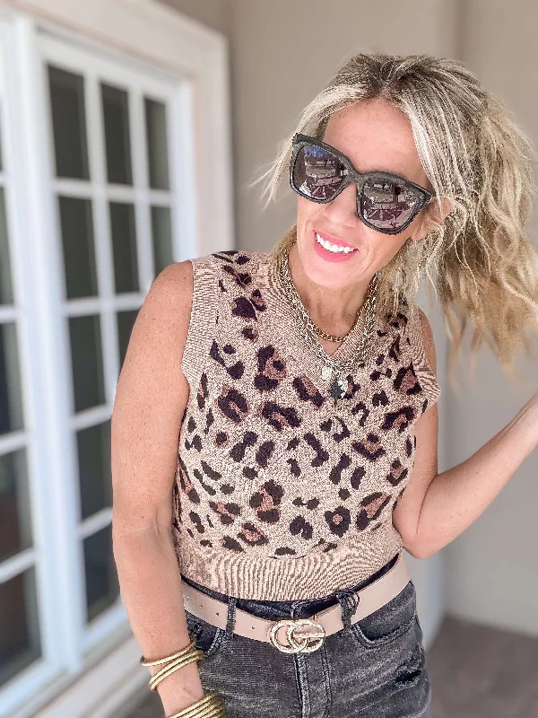 Sleeveless V Neck Leopard Printed Crop Sweater Top* performance