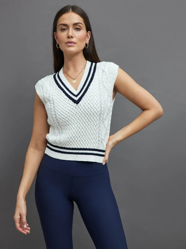 STRIPED CROPPED SWEATER VEST - IVORY W/ NAVY Stylish Women's Tropical 