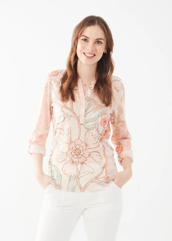 3/4 Sleeve Tab-Up Henley Trellis Jersey Top Rugged Women's Outdoor 