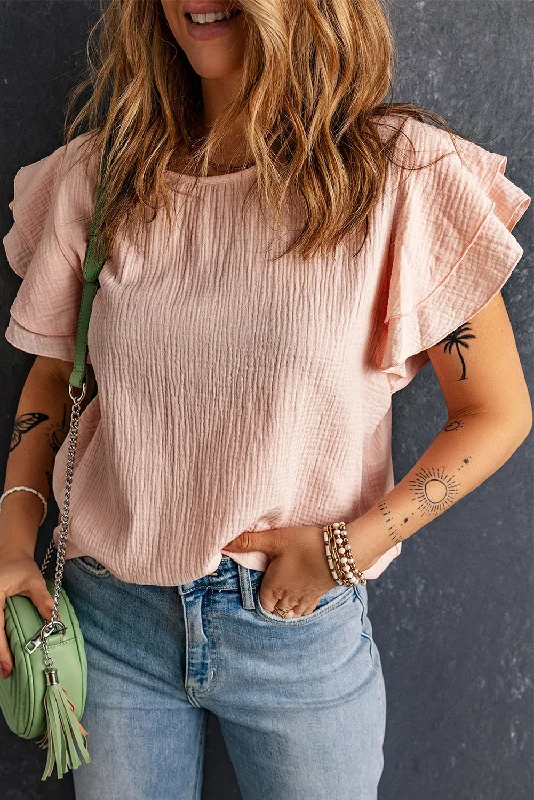 Textured Flutter Sleeve Keyhole Blouse Scandinavian