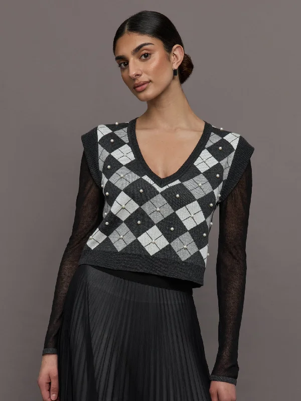 Nomia Plaid Pearly V-Neck Sweater - Grey/Silver Dynamic Women's High - energy