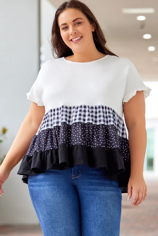 Plus Size Plaid Color Block Tiered Blouse Tough Women's Military - inspired