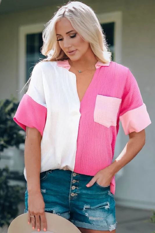 Color Block Textured Johnny Collar Blouse Athletic Women's High - 