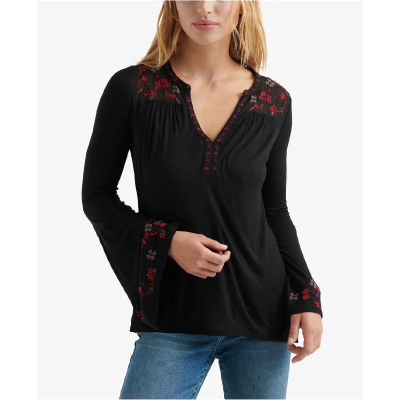 Lucky Brand Womens Embroidered Pullover Blouse, Black, X-Small Relaxed Women's Beachy