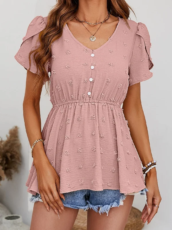 Swiss Dot Buttoned Petal Sleeve Peplum Blouse Youthful Women's Anime - inspired