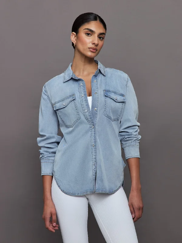 Chambray Denim Shirt - Light Wash Stylish Women's Tropical 