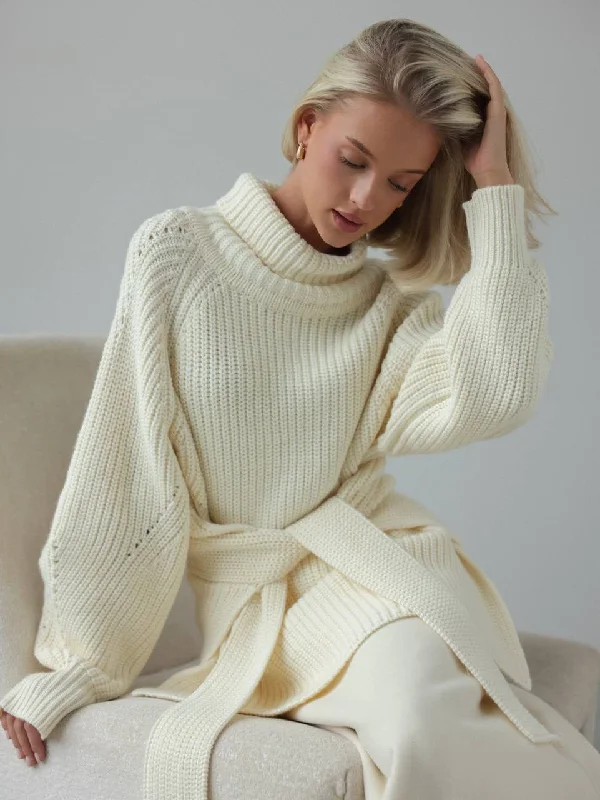 Oversized Knit Sweater with Belt Trendy Women's 