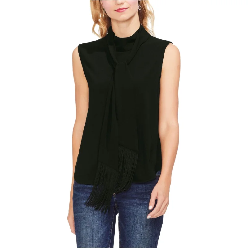 Vince Camuto Womens Fringed mock neck Sleeveless Blouse Top, Black, Small Street