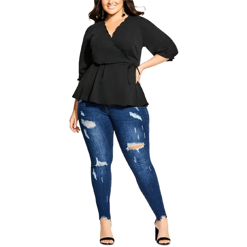 City Chic Womens Scallop-Detail Wrap Blouse, Black, S/16W French