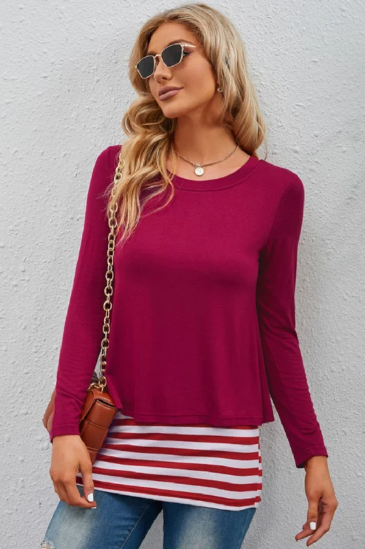 Full Size Striped Faux Layered Long Sleeve Top Business