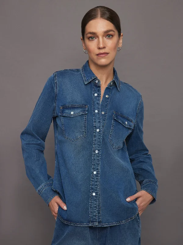 Chambray Denim Shirt - Medium Wash Trendy Women's 