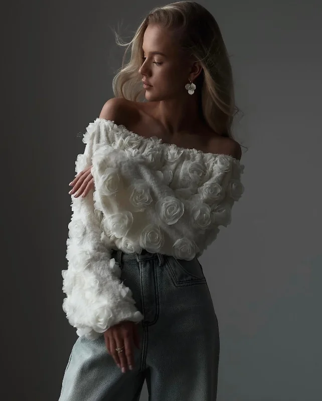 Romantic Rose-Appliqué Puff-Sleeved Blouse Feminine Women's Style 
