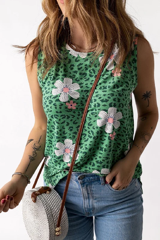 Printed Side Slit Round Neck Tank Rugged Women's Outdoor 