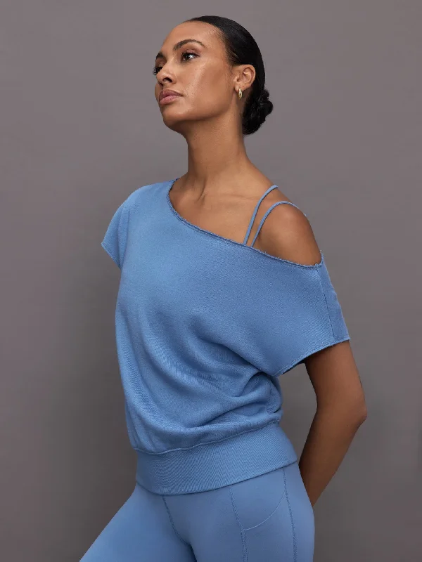 Short Sleeve Off Shoulder Sweatshirt in French Terry - Coronet Blue Edgy Women's Punk