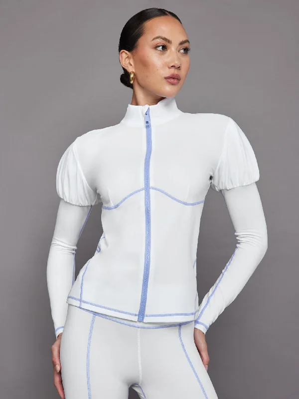 Puff Sleeve Full Zip Top - White/ Sweet Lavender Laid - back Women's Vibe