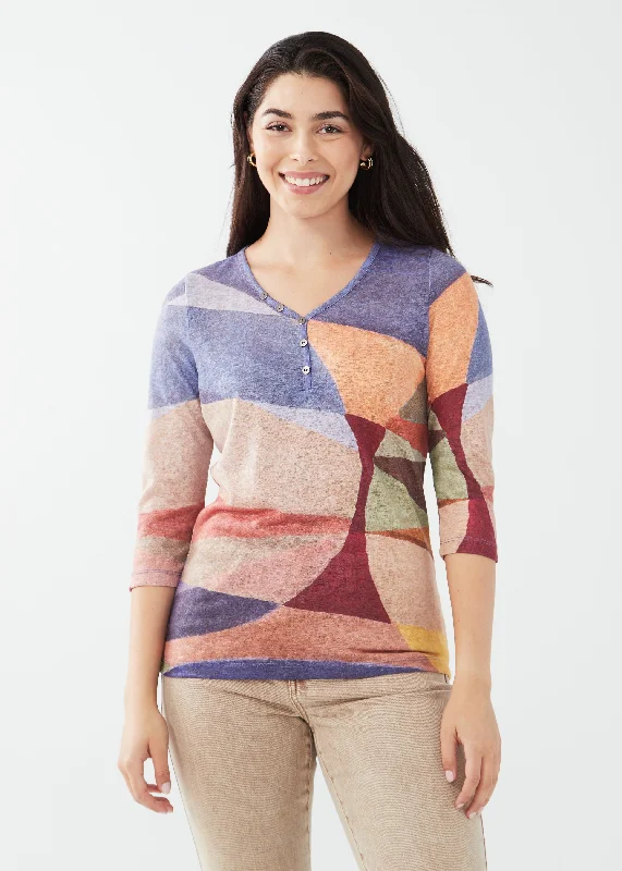 3/4 Sleeve V-neck Top with Buttons Hip Women's Retro