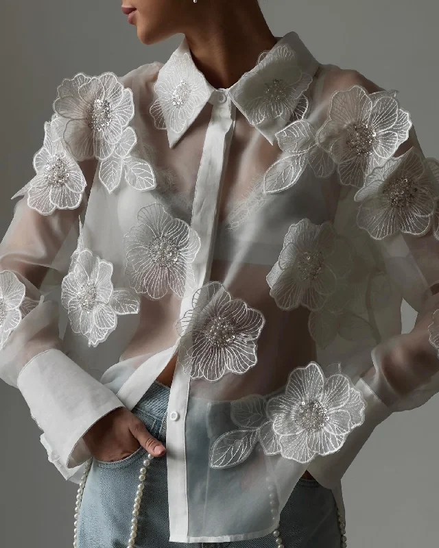 Floral Embroidered Sheer Blouse Dynamic Women's Moto