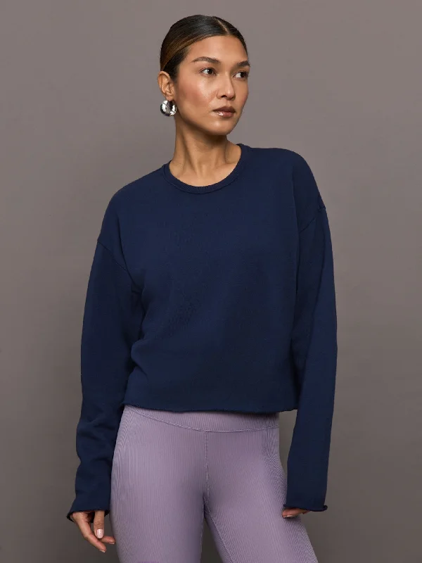 Crew Neck Sweatshirt in French Terry - Navy Blazer Confident Women's High - fashion